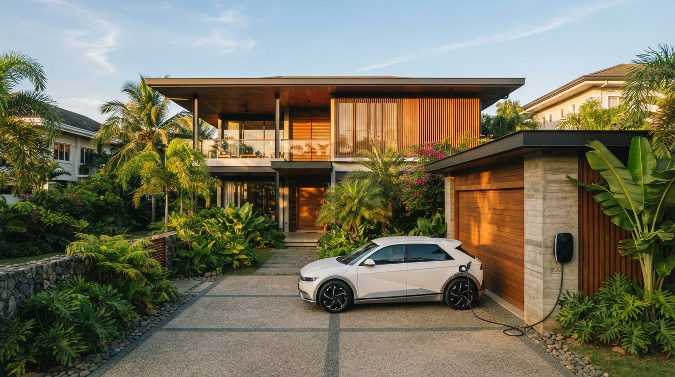 An electric car charging outside a welcoming home surrounded by greenery